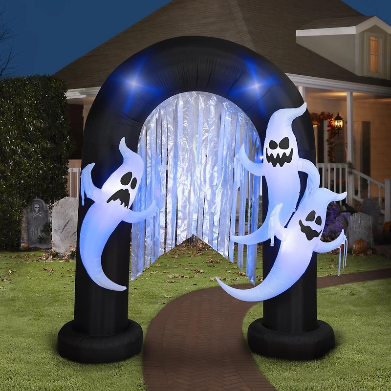 Arche fantôme gonflable d'Halloween avec lumières noires scintillantes et banderoles métalliques