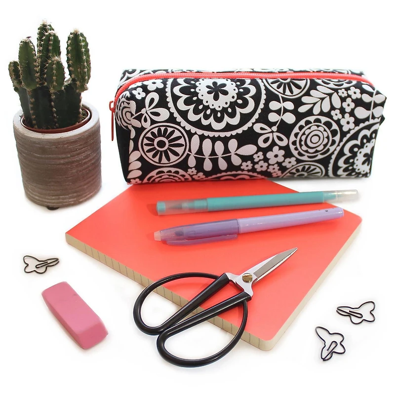 Pen+Gear Black & White Pencil Pouch with Geo Floral Print