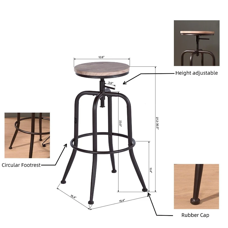 Homylin Ensemble de 2 barstools, chaises de comptoir modernes sans dossier à hauteur réglable de 27.2" à 30.3", ensemble de chaises de bar rondes pour cuisine, salle à manger, bar, pub, petit déjeuner