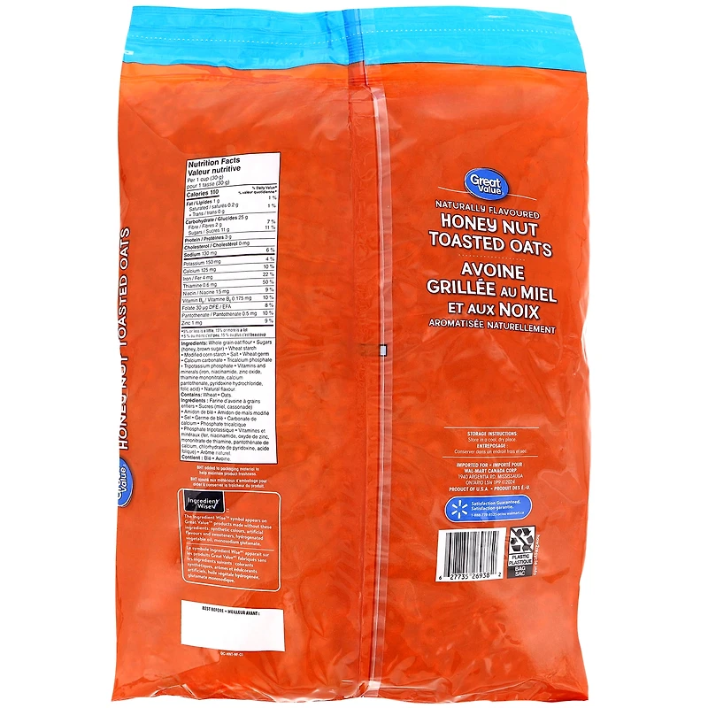 Great Value Naturally Flavoured Honey Nut Toasted Oats Cereal, 794 g