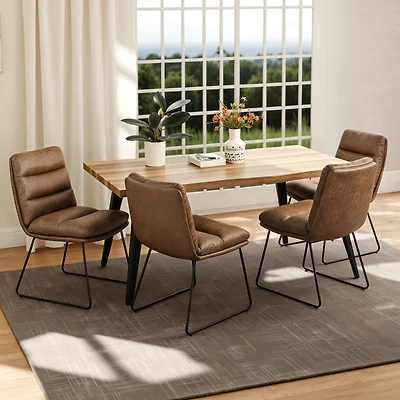 Homy Casa 63 inch Industrial Dining Set for 4, Faux Walnut Wood Table Brown Faux Leather Chairs