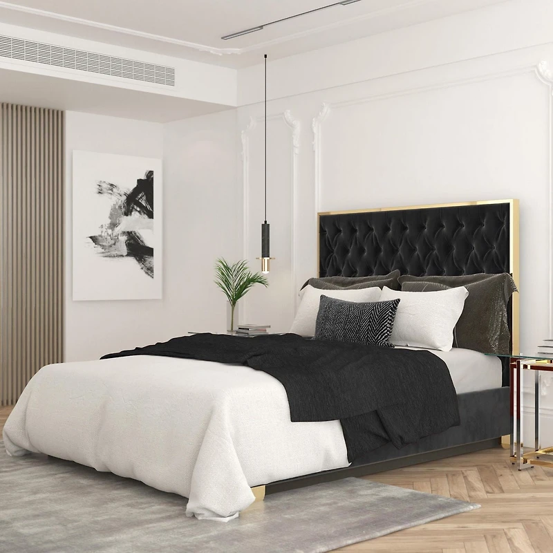 Lit, 60 po Contemporaine en Velours et Métal - Noir et Or