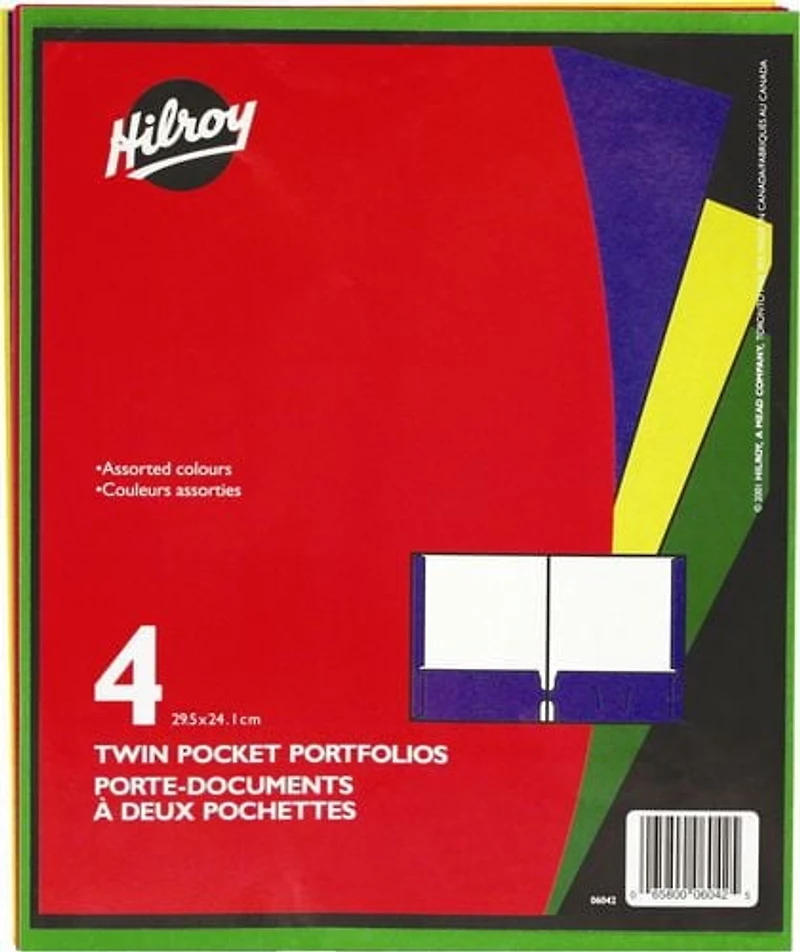 Hilroy - Porte-documents à deux pochettes, 4/paquet en couleurs variées, 9-½ x 11-3/4