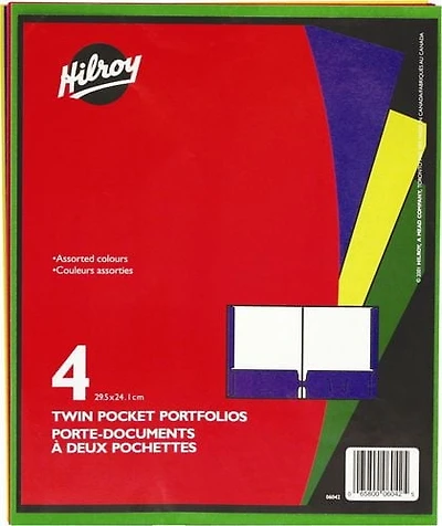 Hilroy - Porte-documents à deux pochettes, 4/paquet en couleurs variées, 9-½ x 11-3/4
