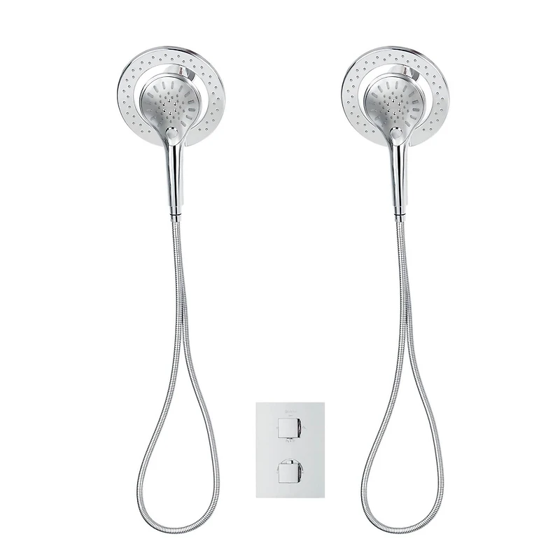 The akuaplus® square thermostatic valve with 4-way diverter, 2 magnetic handshowers or simultaneously. Hand shower 3 settings with Push-Buttom and a swiveling shower head. Chrome finish