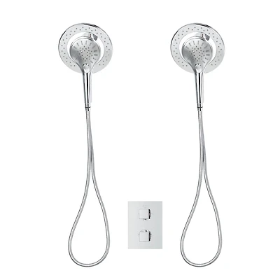 Valve thermostatique carrée avec déviateur à 4 voies d'Akuaplus®. 2 douchettes magnétiques, pouvant être utilisées simultanément. Douchette magnétique à 3 réglages avec bouton poussoir et pommeau de d
