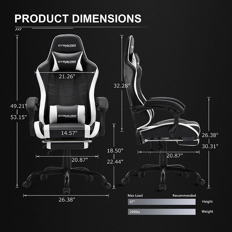 GTRACING GTWD-200 Ergonomic Gaming Chair with Adjustable Pillows and Footrest, Gaming chair with retractable footrest