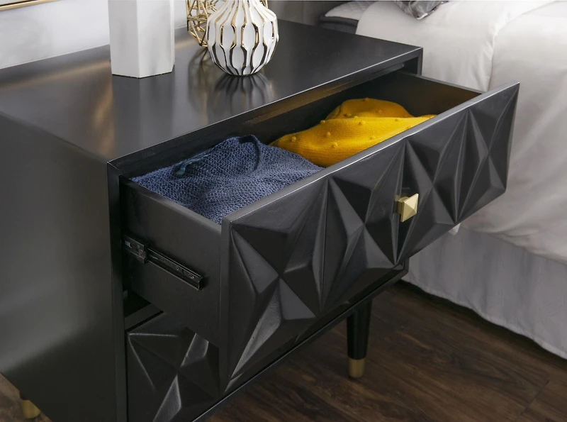 Table de chevet géométrique à deux tiroirs, noir