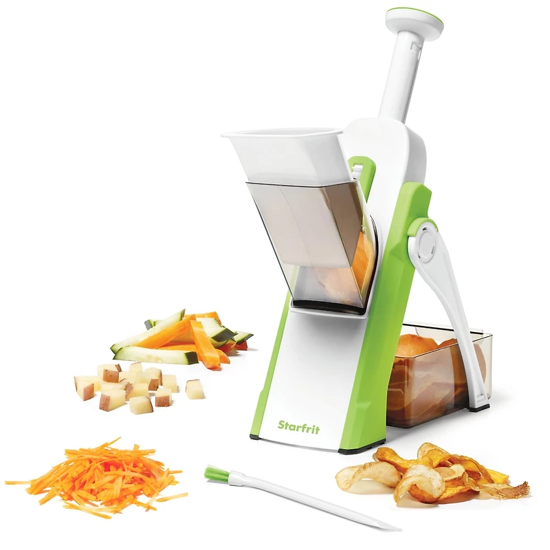 Starfrit Pump'n'Slice, Vertical Mandoline, Food Chopper, Slicer, Safe Enclosed Blades, Folds for Storage, Cleaning Tool -2-in-1, Starfrit Pump'N'Slice lets you quickly slice fruits and veggies with a simple pump. Adjustable stainless steel blades cut evenly from 0.5 to 8 mm. Safe enclosed blades, compact design with foldable feet, and dishwasher-safe parts make prep and cleanup easy.