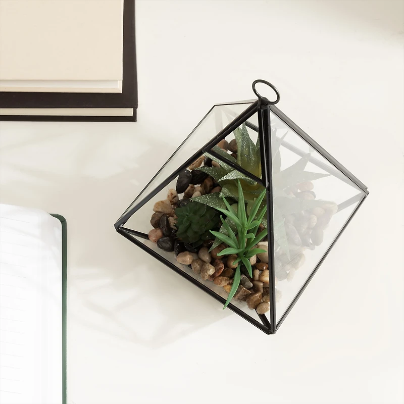 DesignOvation 9"H Tabletop Glass Terrarium with Artificial Succulent Trio