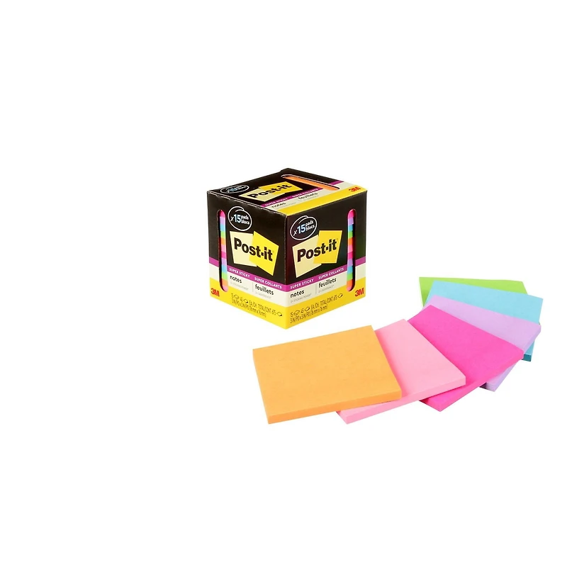 Feuillets super collants 654-15SSCP Post-it®, paquet pour bureau, couleurs assorties, 76 x 76 mm (3 x 3 po) Feuillets super collants