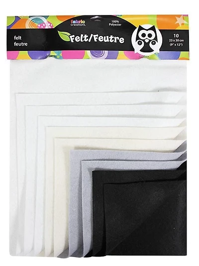 FABRIC CREATIONS Rainbow ClassicFelt™ Squares 10 Pack - Black and White - 9" x 12" (23 cm x 30 cm)