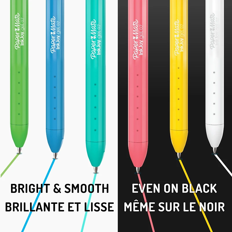Stylos InkJoy Bright de Paper Mate, stylos à gel, pointe moyenne (0,7 mm), rétractables, couleurs vives assorties, 6 unités