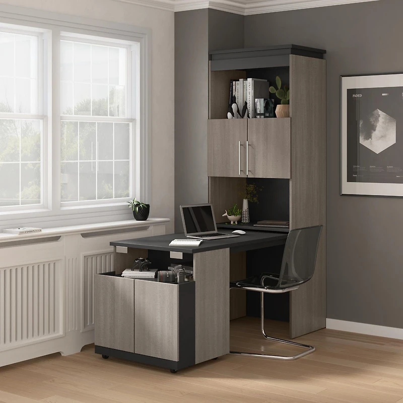 Bestar Orion 30W Shelving Unit w/ Fold-Out Desk in bark gray & graphite