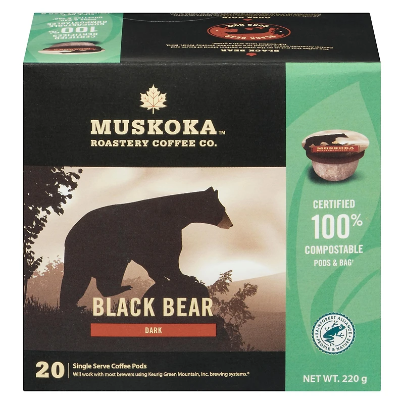 Dosettes de café Ours Noir de Muskoka Roastery Coffee Co. à torréfaction foncée en emballage d'une portion