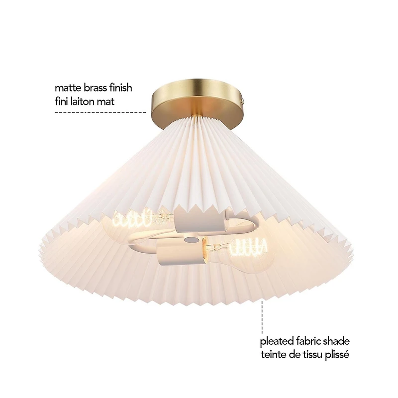 Novogratz x Globe 2-Light Matte Brass Flush Mount Ceiling Light with Off-White Pleated Fabric Shade