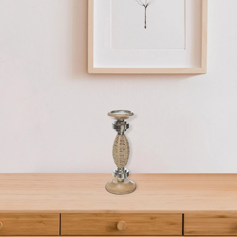 Oval Raffia Metal Pillar Candlestick 13.25 "