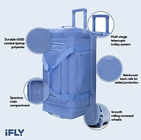 iFLY 30" Drop-Bottom Rolling Duffel – Large Travel Bag with Wheels, Frost Blue