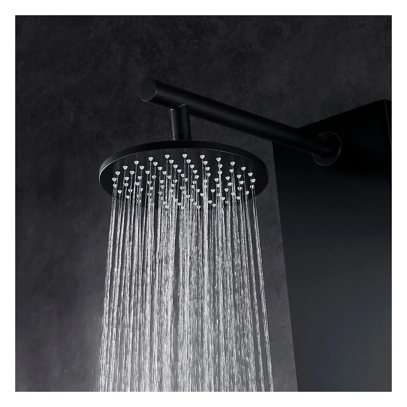 La colonne de douche ELIAS en aluminium d'akuaplus®  avec cartouche à pression balancée et déviateurs 3 voie a 6 jets de corps orientale plus, une douchette, et un pommeau douche.