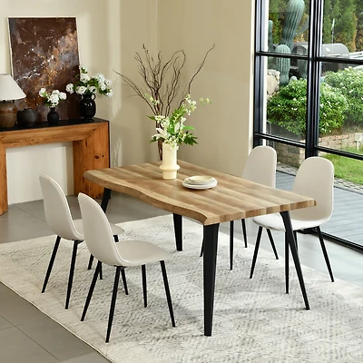 Homy Casa 63 inch Modern Dining Set, Faux Walnut Wood Table with 4 Chairs, Beige Fabric