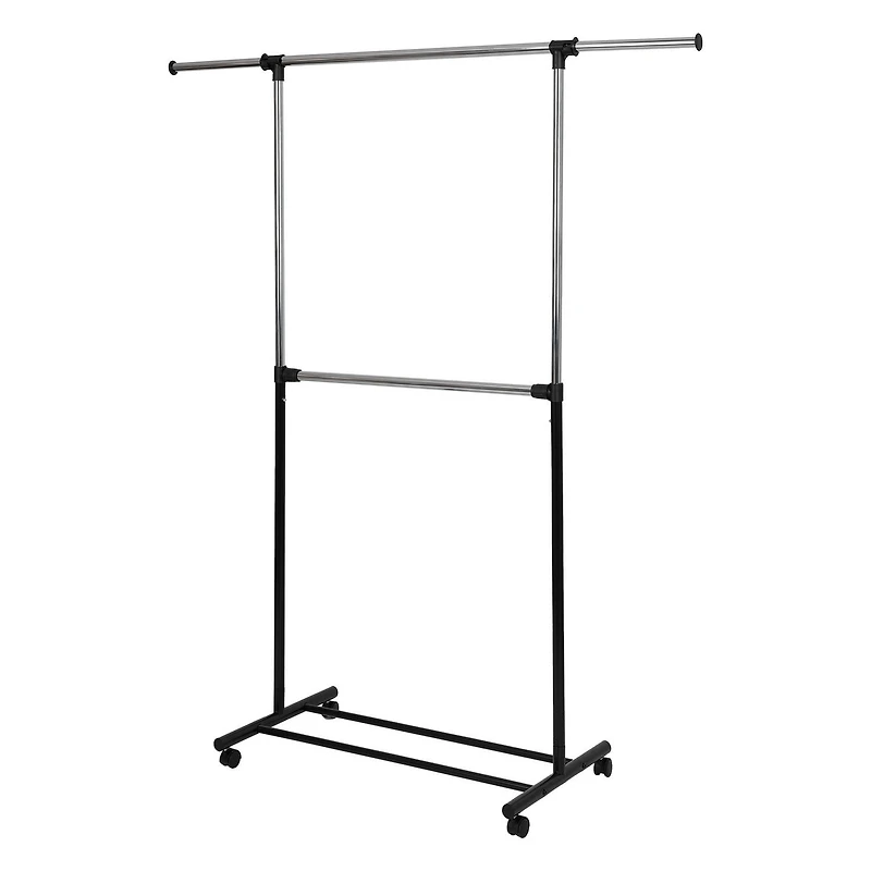 Portant à vêtements réglable à 2 niveaux Mainstays, barre de suspension supérieure extensible, structure robuste et facile à assembler, roulettes à roulement fluide pour une mobilité facile Porte-vêtements réglable à 2 tiges - Organisateur de vêtements à roulettes - Noir et chrome; Taille de l'article :92.07-157.48cmx48.9cmx179.7cm