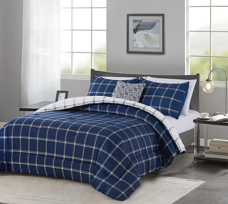 Chaps 8-Piece Plaid Bedding Comforter Set - Bed in a Bag, Double - Queen
