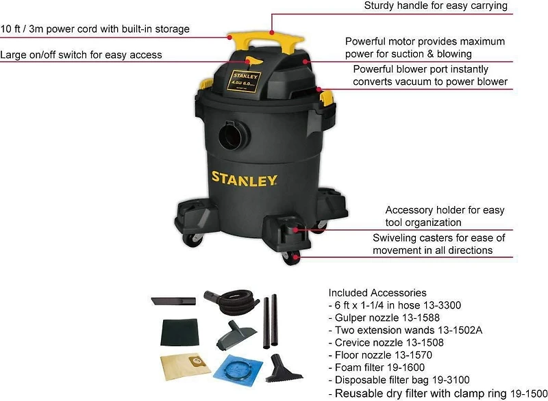 Stanley 6 Gallons Aspirateur humide / sec Stanley 22.7L (6 Gal.) Aspirateur d'atelier Wet/Dry de 4,0 chevaux avec accessoires