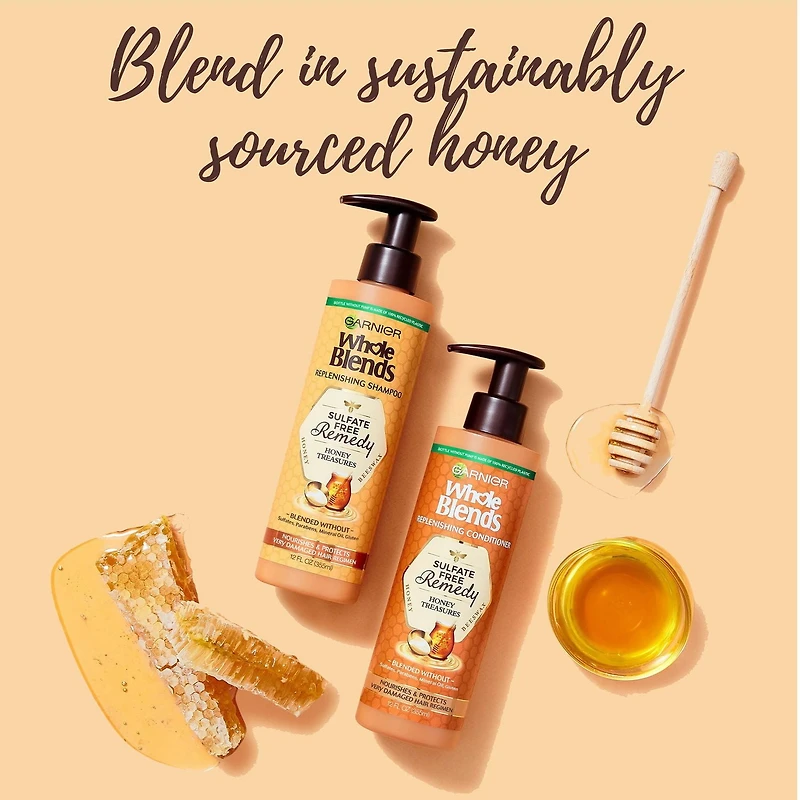 Garnier Whole Blends Revitalisant sans sulfate, pour cheveux abîmés, jusqu'à 72 heures de soins en profondeur, Honey Treasures, 355 ml