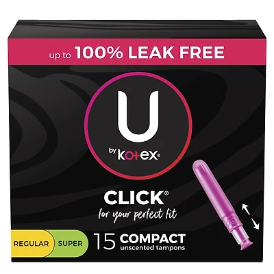 U by Kotex Click Compact Multipack Tampons, Regular/Super, Unscented, 15 Count