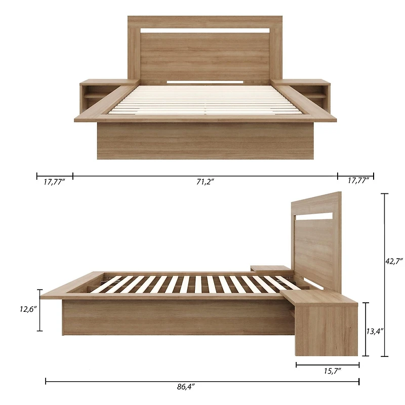 Ensemble de chambre à coucher Camden 4 pièces avec lit queen size, tête de lit et ensemble de 2 panneaux d'extension de table de chevet flottants