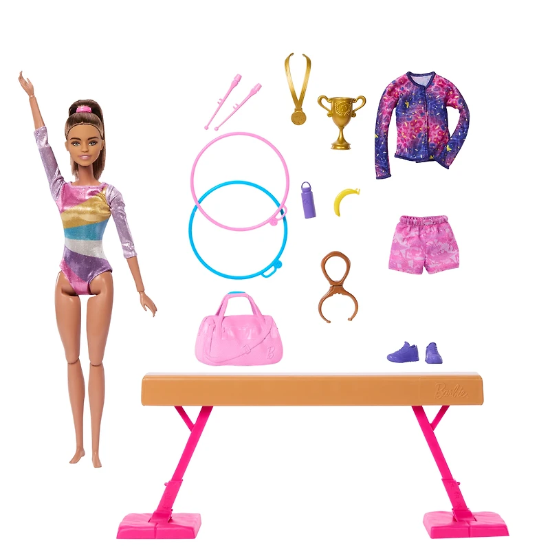 Barbie Coffret de jeu Gymnaste, poupée mode, brunette, 10accessoires Âges 3+