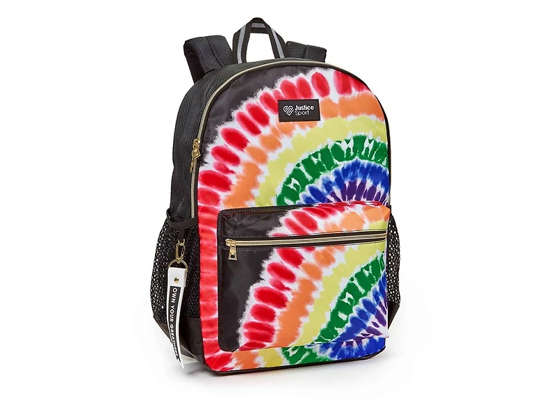 Justice™ Brand Girls Tie Dye Nylon Multi Compartment Backpack 17” Backpack with Texture Rubber Embossed Keychain