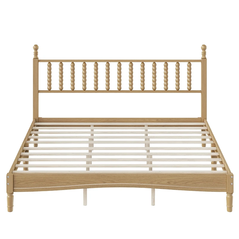 Homy Casa King Size Wood Platform Bed with Gourd Shaped Headboard, Sturdy Slats, Natural Finish, Easy Assembly, Modern Bedroom Furniture