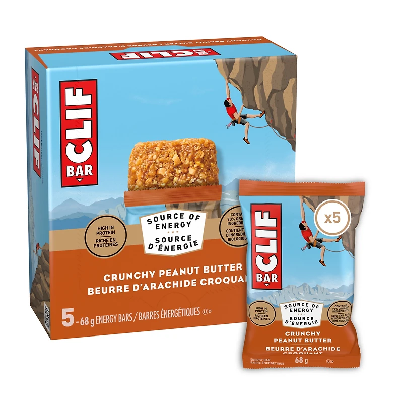 CLIF BAR Energy Bars, Crunchy Peanut Butter, Granola Bar, High in Protein, Contains 70% Organic Ingredients, (Pack of 5), 340 g