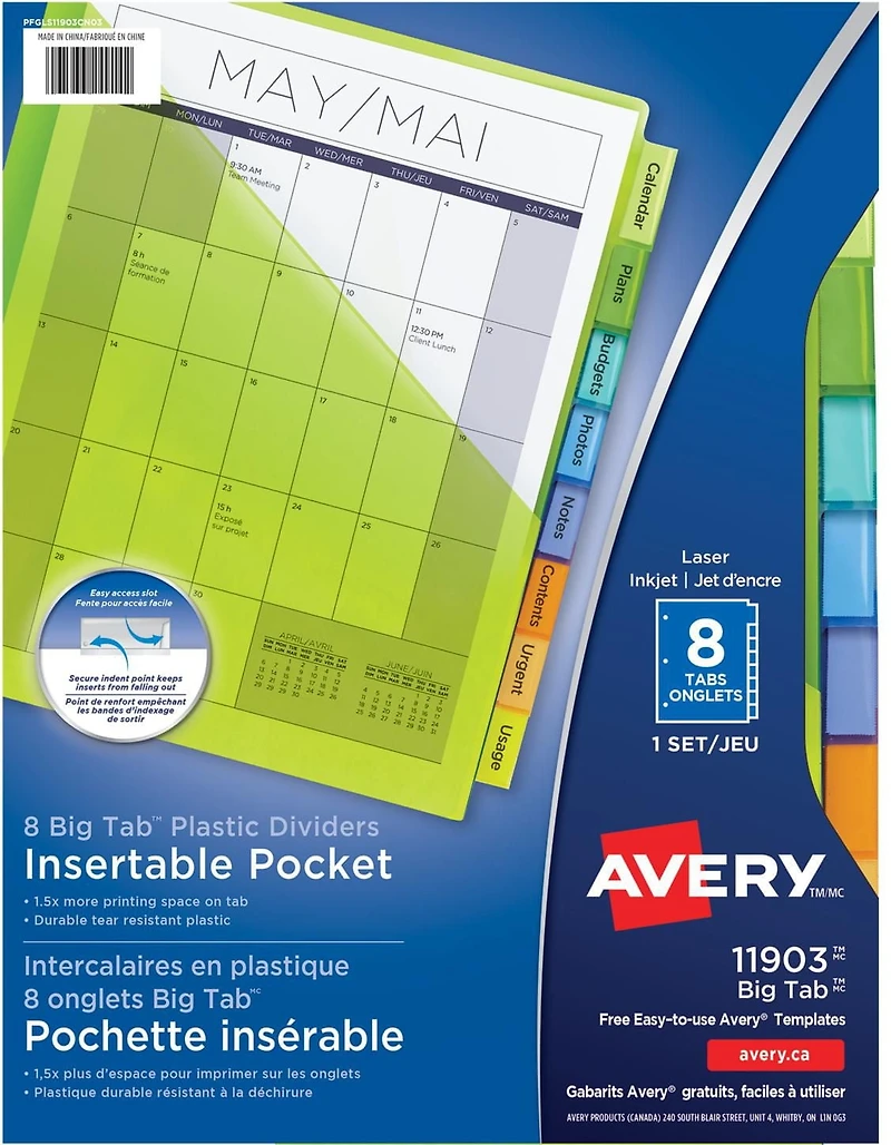 Avery Big Tab Insertable Plastic Dividers with Pockets, for Laser and Inkjet Printers, 9¼" x 11⅛", 8 tabs - 11903