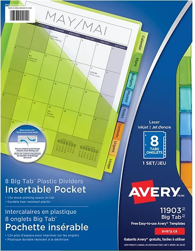 Avery Big Tab Insertable Plastic Dividers with Pockets, for Laser and Inkjet Printers, 9¼" x 11⅛", 8 tabs - 11903