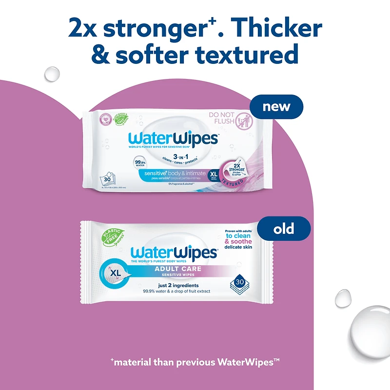 WaterWipes Sensitive+ Body & Intimate Wipes, 3-In-1 Cleans, Cares, Protects, 99.9% Water, Unscented & Hypoallergenic Hygiene Wet Wipes, Adult Care, 30 Count