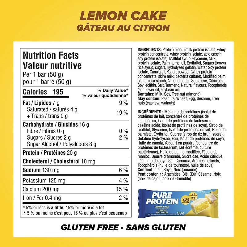 Pure Protein Lemon Cake Bars - 20 g Protein, Low Sugar, Gluten free Snack with Whey Blend, Made in Canada, 6 x 50 g, Lemon cake protein bar