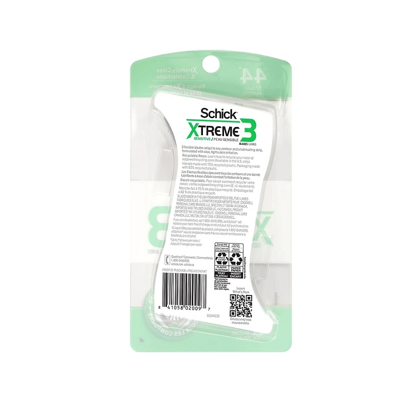 4 rasoirs jetables à 3 lames pour hommes Schick Xtreme3 pour peau sensible 4ct