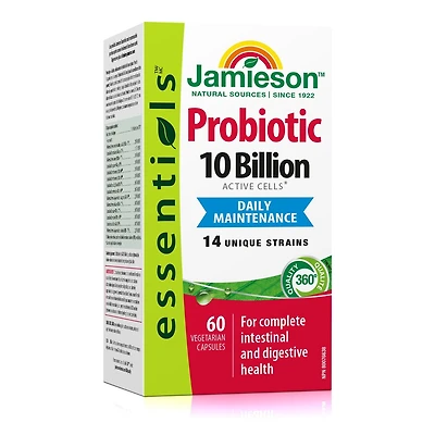 Jamieson Probiotic 10 Billion Active Cells, Gut Flora Support, for Complete Intestinal & Digestive Health. 14 Unique Strains to Improve Microbial Diversity, with Bifidobacterium and Lactobacillus, Non, 60 Capsules