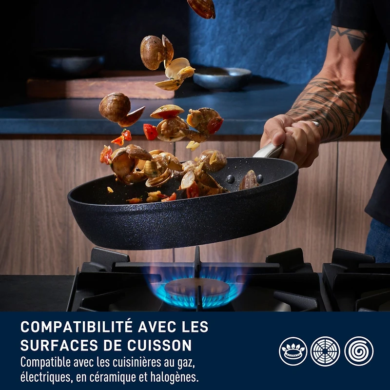 Ensemble T-fal Stone Shield de 10 pièces avec technologie DefenseShield™, fabrication en 6 couches, texture pierre robuste, à l’épreuve du lave-vaisselle et du four