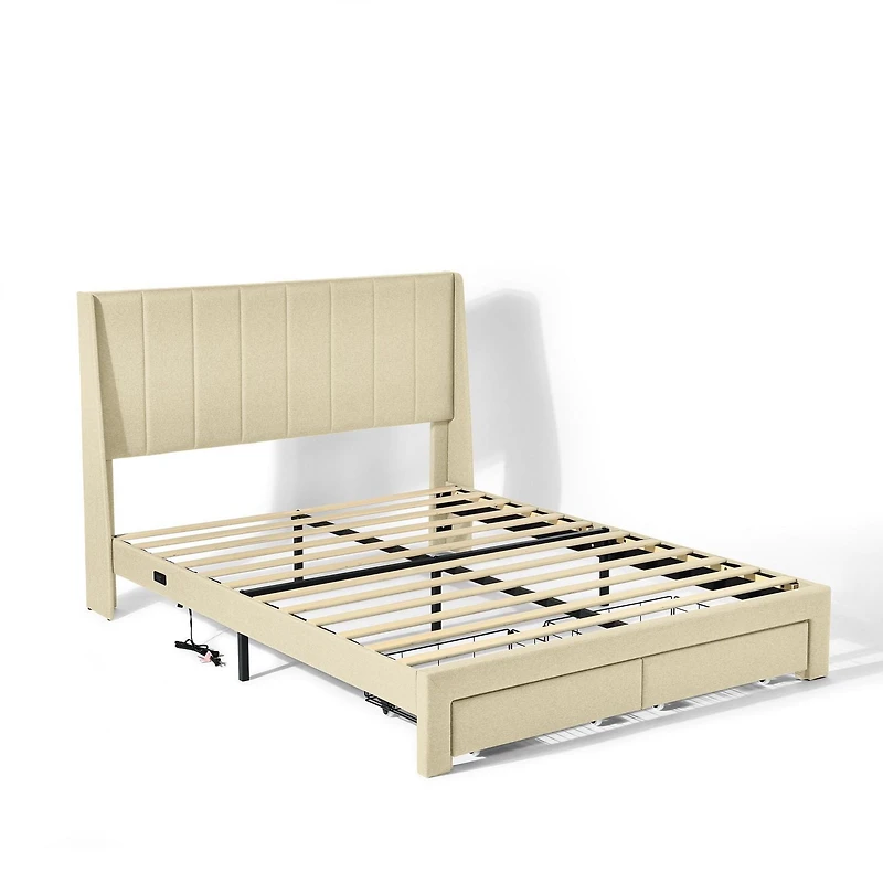 Ensemble de chambre à coucher Homy Casa 3 pièces - Lit plateforme rembourré avec 1 poufs de rangement pliables et table de chevet pliable réglable