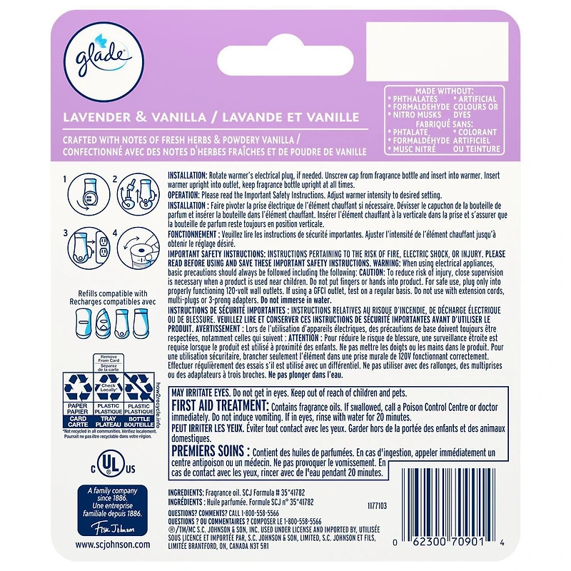 Glade Branchées® Huile parfumée Recharge, Lavande et Vanille
