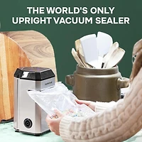 InstaSeal Vacuum Sealer Food Saver Bag Sealer Machine With 12 Food Safe Quart Size Storage Bags Upright Suction Base, Vacuum Sealer