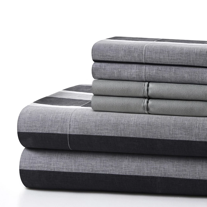 Marina Decoration Ultra Soft Silky Deep Pocket Rich Printed Bedding Rayon from Bamboo All Season Sheet Set with Pillowcases, Black Grey Stripes Pattern