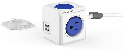 PowerCube Extra Extended USB, Surge Protector, Electric Outlet Adapter 5ft Extension Cord Power Strip with 4 outlets and Dual USB Port, Blue
