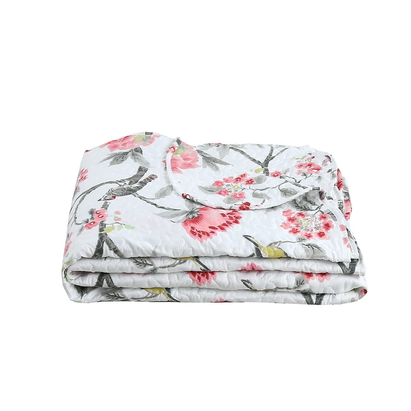 Marina Decoration Rich Printed Stitching Coverlet Bedspread Ultra Soft Summer Bedding Quilt Set with Quilted Sham, Pink Floral and Birds Pattern