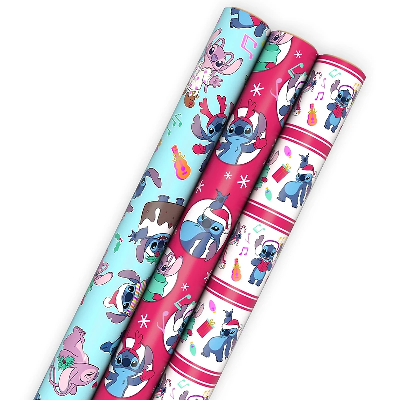 Paquet de 3 rouleaux de papier cadeau aux motifs variés des fêtes, Stitch et Angel, avec lignes de découpage au verso