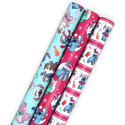 Paquet de 3 rouleaux de papier cadeau aux motifs variés des fêtes, Stitch et Angel, avec lignes de découpage au verso