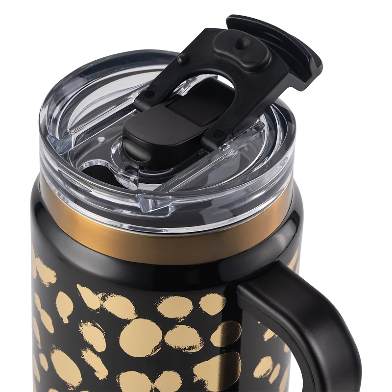 Thyme & Table 32oz Tumbler with Handle, Dual Straw Lid, Stainless Steel Double Wall Insulated, Black & Gold Dot